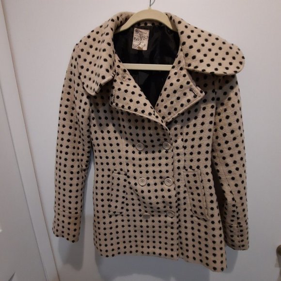 Tulle Peacoat Jacket Coat Tan Black Dots Double Breasted Round Collar Size S - Picture 1 of 8